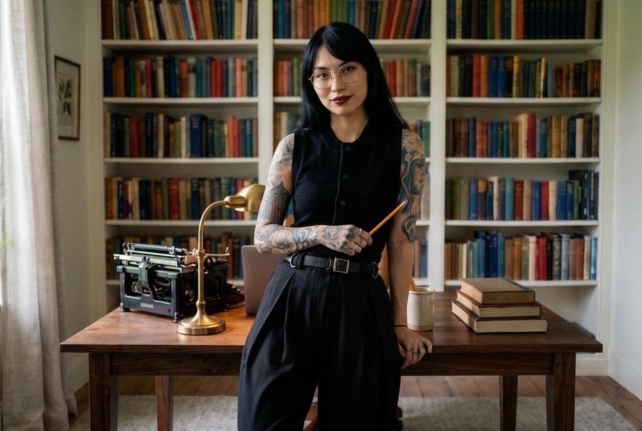Mei at her writing desk